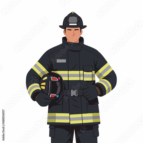 Brave Firefighter Holding Helmet Isolated Vector Illustration