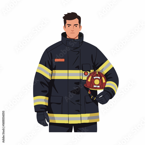 Professional male firefighter in full uniform turnout gear holding a helmet. Vector illustration of a brave emergency services worker