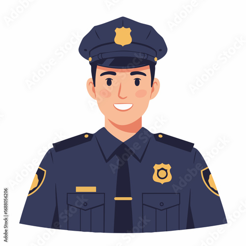 Friendly police officer avatar representing public safety and community law enforcement, isolated vector illustration