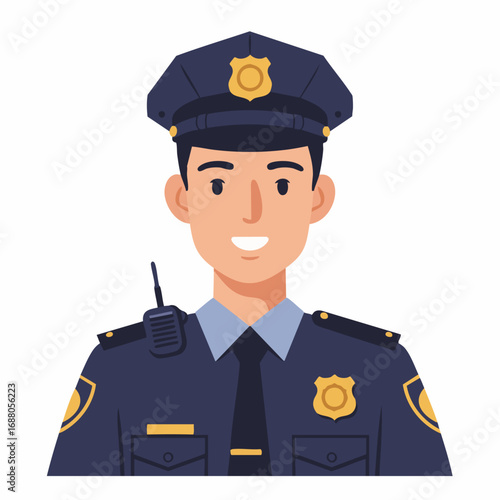 Vector illustration of a smiling policeman in a traditional blue uniform with a hat and badge, representing public safety and law enforcement