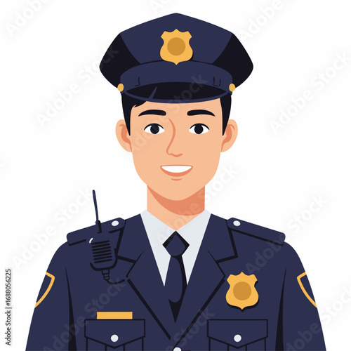 Illustrated portrait of a smiling policeman. Professional law enforcement character icon for security and authority concepts