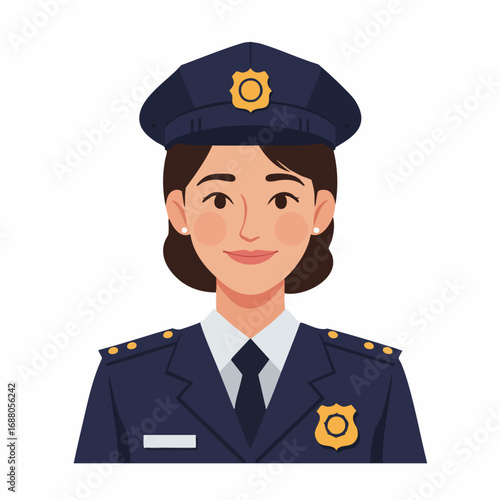 A cheerful policewoman in a professional uniform, serving and protecting the community. Vector illustration of a female cop representing law, justice, and security