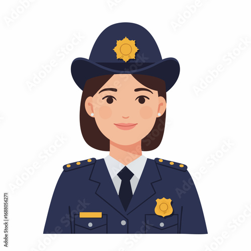 Portrait of a friendly smiling female police officer in a professional uniform. Vector illustration of a woman cop character for law enforcement concepts