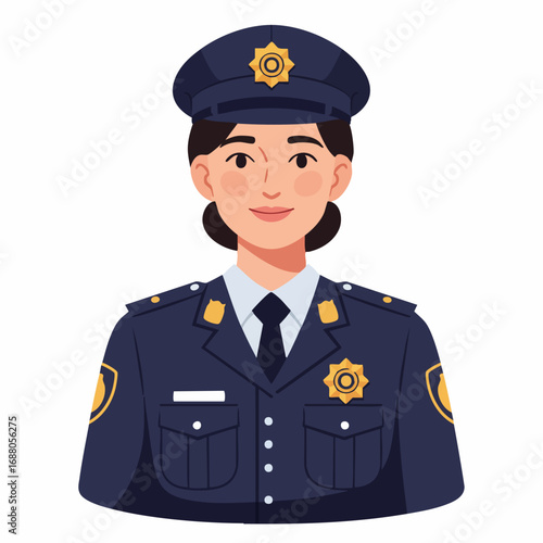 Portrait of a smiling female police officer in a professional uniform. Law enforcement character avatar illustration isolated on a white background