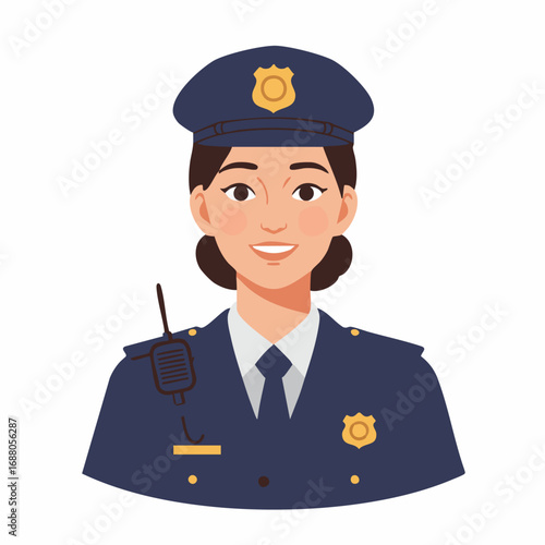 Conceptual illustration of a smiling female police officer in uniform, a professional woman avatar design for law enforcement concepts