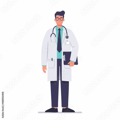 Illustration of a male doctor in a white coat with a stethoscope, a confident medical professional representing the concept of modern healthcare and patient care