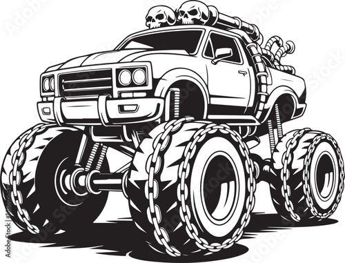 Monochrome monster truck with skulls and chains on wheels Keywords: monster truck, vehicle, off