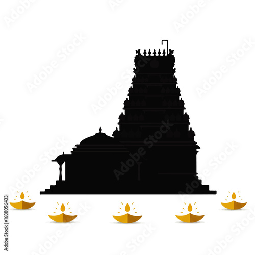 South Indian Hindu Temple Silhouette with Festival Diyas.