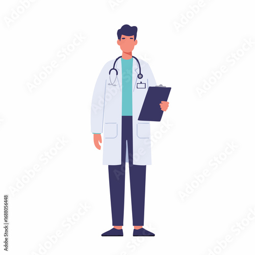 A conceptual illustration of a male doctor standing confidently with a clipboard and stethoscope, representing modern healthcare
