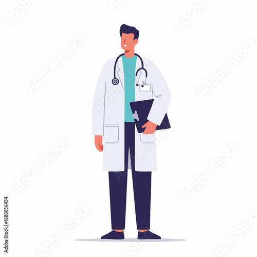 Smiling male doctor in a white coat with a stethoscope holding a clipboard, a friendly healthcare professional character illustration