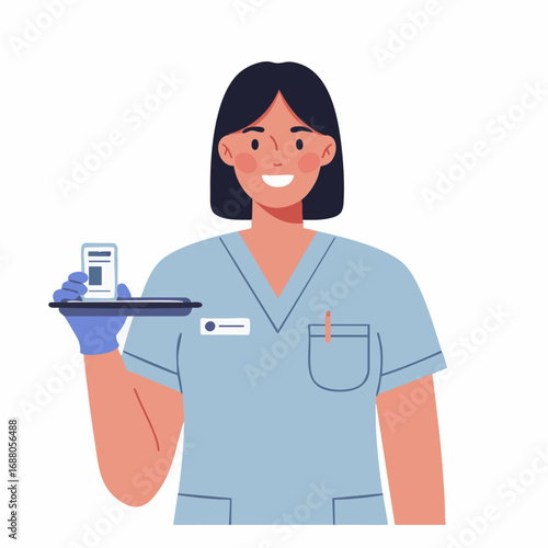 Healthcare Hero A Smiling Nurse Holding Medication on a Tray with a Cheerful Demeanor