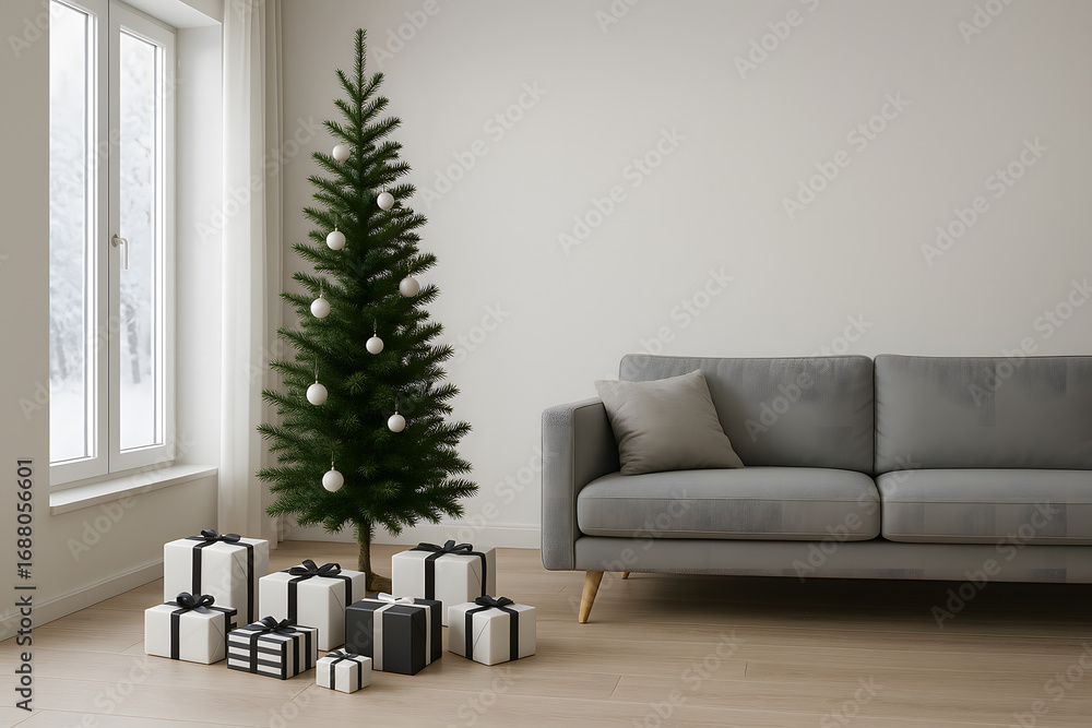 Fototapeta premium Elegant minimalist living room with a decorated Christmas tree and a stylish arrangement of presents, creating a serene holiday atmosphere