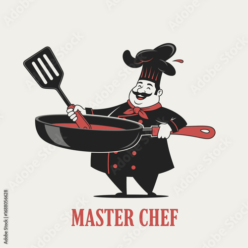 Cartoon chef carrying cooking utensils, logo design illustration
