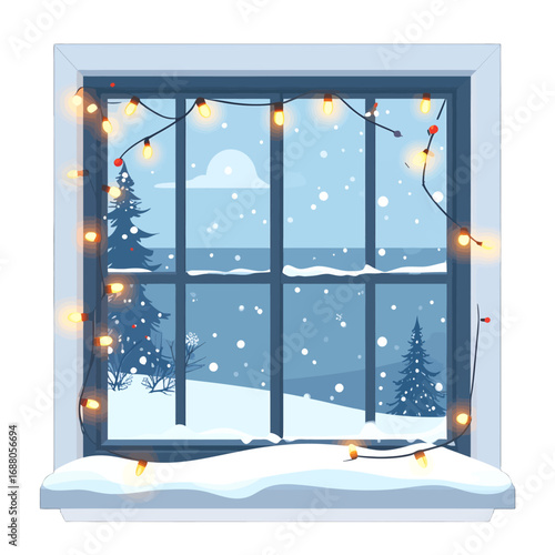 Festive Winter Window Scene with Snow and Holiday Lights Pixel Art Style Cold Snowy Night Through Paned Window Decorative Christmas Illumination
