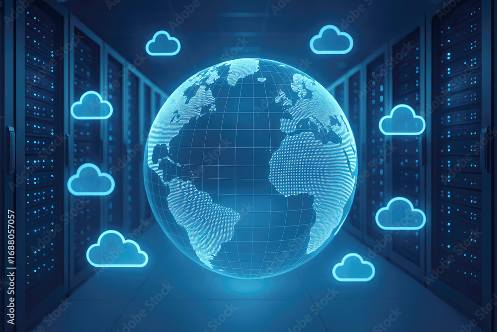 Fototapeta premium Server room with glowing racks and a digital earth surrounded by multiple cloud icons representing global cloud services