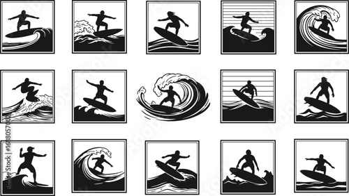 Black silhouette surfing icons vector set with surfers riding waves, performing tricks, ocean waves, water sports, extreme beach adventure lifestyle