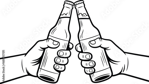 Two hands holding beer bottles clinking together in a toast celebration