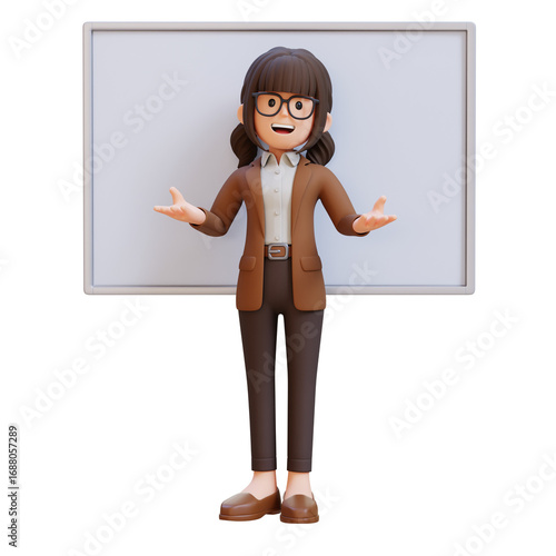 3D cartoon female teacher character Explaining in front of Whiteboard