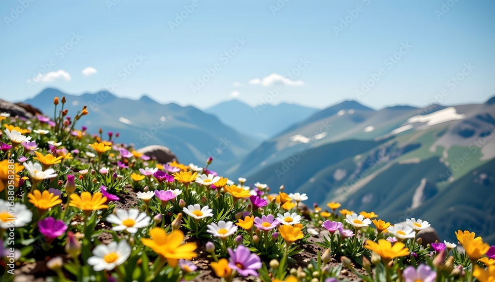 Fototapeta premium A vibrant mountain meadow carpeted with an array of wildflowers in various colors