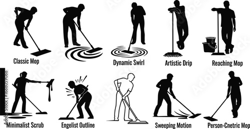 Creative vector set of people mopping with unique poses, motion effects, silhouettes, cleaning tools, buckets, and artistic mop illustrations
