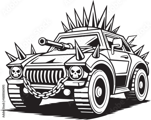 Black and white illustration of a spiked car with a cannon and skull headlights Keywords: car