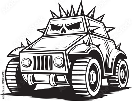 Black and white illustration of a spiked vehicle with a skull face on the windshield Keywords