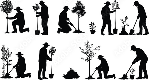 Silhouette illustration of people planting trees, gardening with shovels, eco farming, nature care, reforestation, outdoor work, agriculture vector art