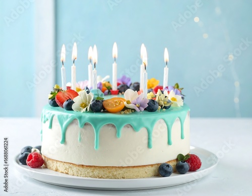 Festive birthday cake with candles and fresh fruit
