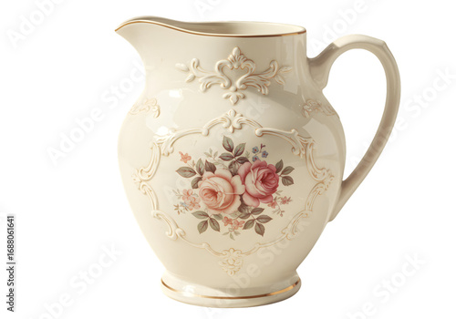 Isolated Elegant Cream Ceramic Pitcher with Floral Roses and Gold Accents