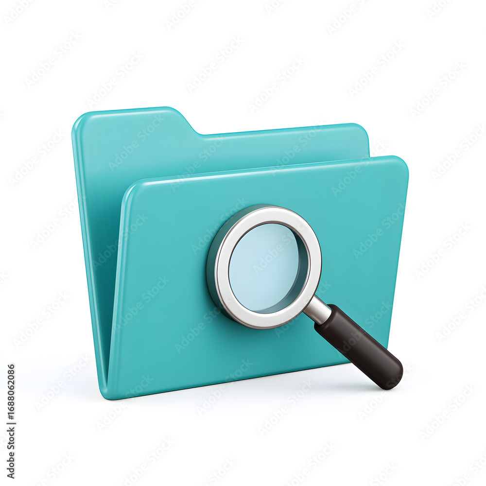 Investigate Document with Magnifying Glass: A 3D-rendered image features a digital folder with a magnifying glass, symbolizing exploration, research, and in-depth investigation of data. Investigate Document with Magnifying Glass: A 3D-rendered image features a digital folder with a magnifying glass, symbolizing exploration, research, and in-depth investigation of data.