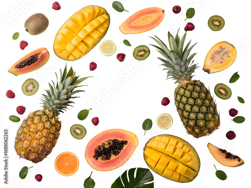 Wallpaper Mural Vibrant Tropical Fruits Arranged in Circular Pattern with Pineapples Mangoes Papayas Kiwi Raspberries and Lime Slices on Black Background isolated on a transparent background Torontodigital.ca