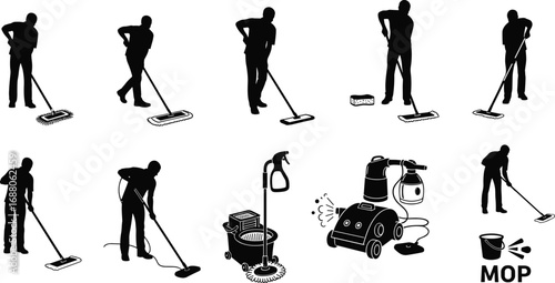 Silhouette vector set of people mopping floors with cleaning tools, mop bucket, steam cleaner, and spray bottle equipment icons