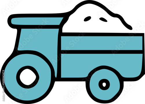 Stylized blue dump truck or tractor with a trailer carrying a pile of white material, likely sand or snow, in a simple illustration.
