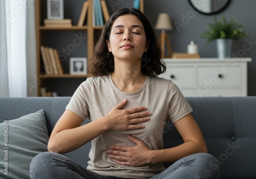 Young woman meditating peacefully indoors practicing deep breathing exercises for relaxation