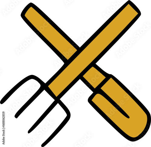 A pitchfork and trowel crossed, gardening tools.