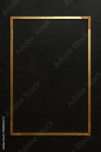 An elegant empty golden picture frame on a dark black textured background, providing a classic border with copy space