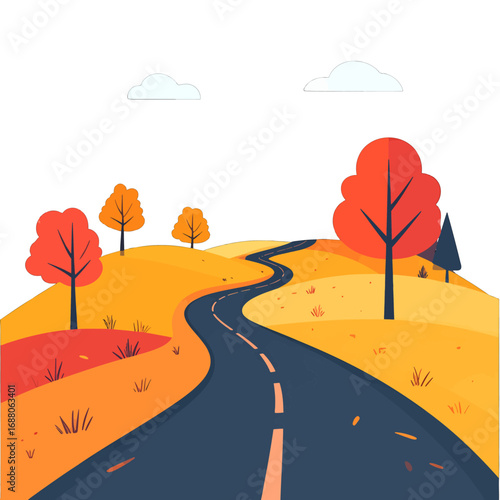 Winding Asphalt Road Through Yellow and Red Trees in Autumnal Landscape Under Cloudy White Sky Pixel Art Illustration
