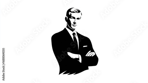Confident man in suit, stylized black-and-white illustration, arms crossed, facing forward