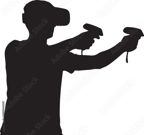 Black silhouette of a person wearing a virtual reality headset and holding controllers goggles