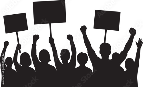 Black silhouette of diverse crowd holding blank signs and raising fists protest demonstration