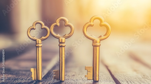 Three Golden Antique Keys on Wooden Table, Success Concept