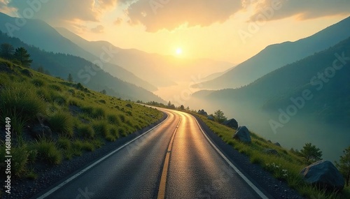 Misty Valley Road A Journey of Hope and Uncertainty. Winding path disappearing into sunlit mist, symbolizing a long but promising future.  Growth, clarity, and perspective await.