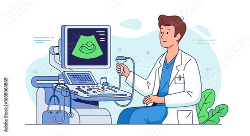Doctor operating ultrasound, displaying fetus scan. Suitable for medical articles, prenatal care brochures, healthcare websites, and obstetrics presentations.