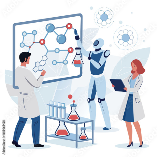 Vector art of scientists and a robot collaborate in a laboratory, conducting experiments and analyzing molecules