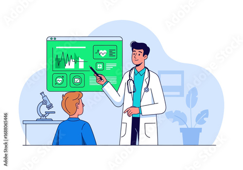 Doctor educates patient on health data visualization on green screen. For medical presentations, education materials, healthcare technology concepts.