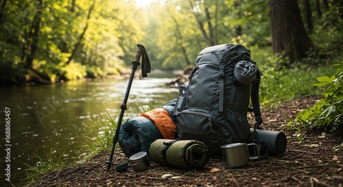 Backpack camping gear near river in forest