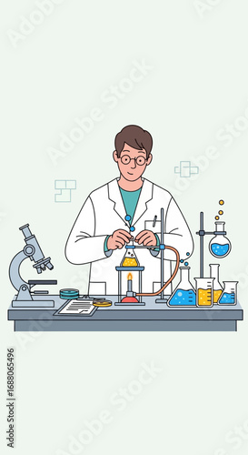 Scientist conducts experiments in a lab with various equipment, suitable for sciencerelated blogs, articles, educational materials, and social media posts.