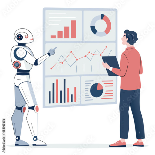 Vector art of robot and man collaborating on data analysis with charts, representing business intelligence and technological advancement