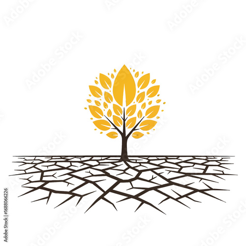 Stylized Tree with Golden Leaves Over Cracked Earth Landscape Root System on White Background