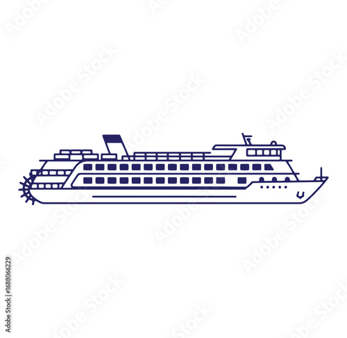Detailed line art illustration of a paddle steamer cruise ship on a clear white background